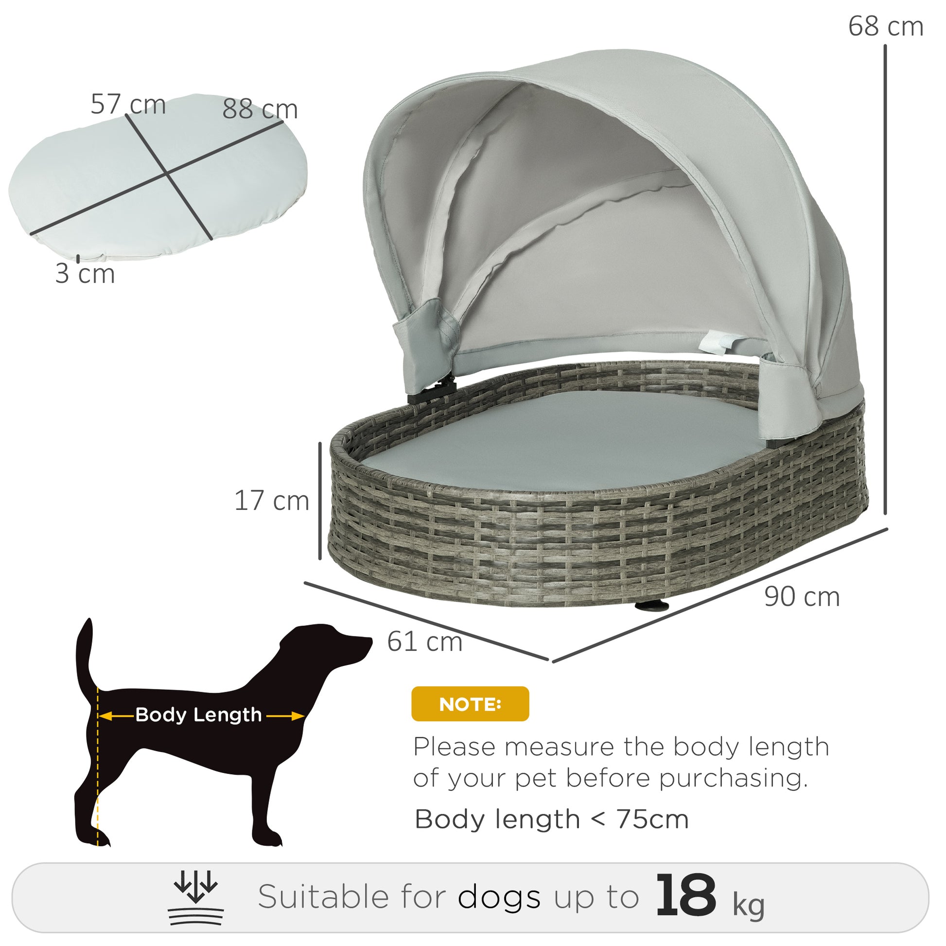 PawHut Wicker Pet Bed with Canopy Outdoor Dog Basket with Cushion for Small Medium Dogs, Grey