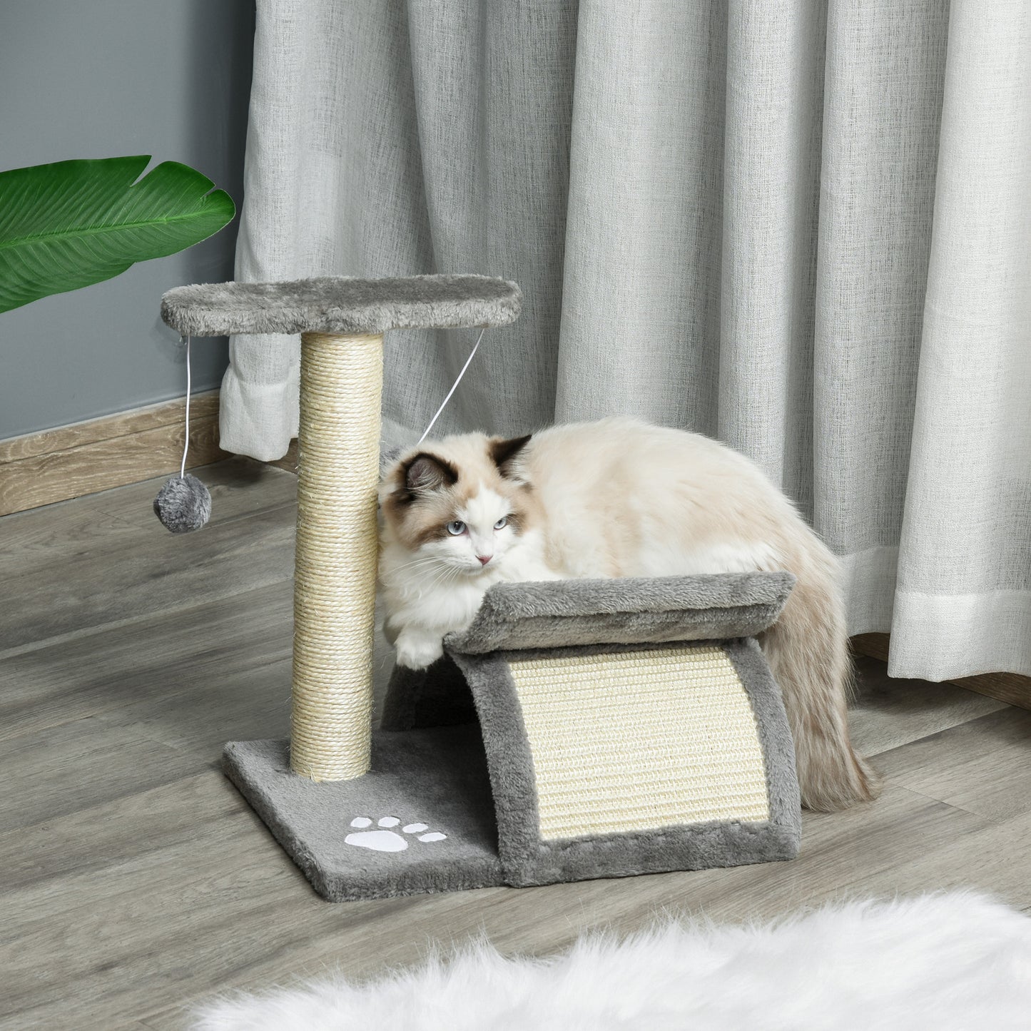 PawHut Cat Tree with Sisal Scratching Post, Cat Tower for Kittens, Small Cat Condo with Rotatable Top Bar, Tunnel, Dangling Balls, Grey