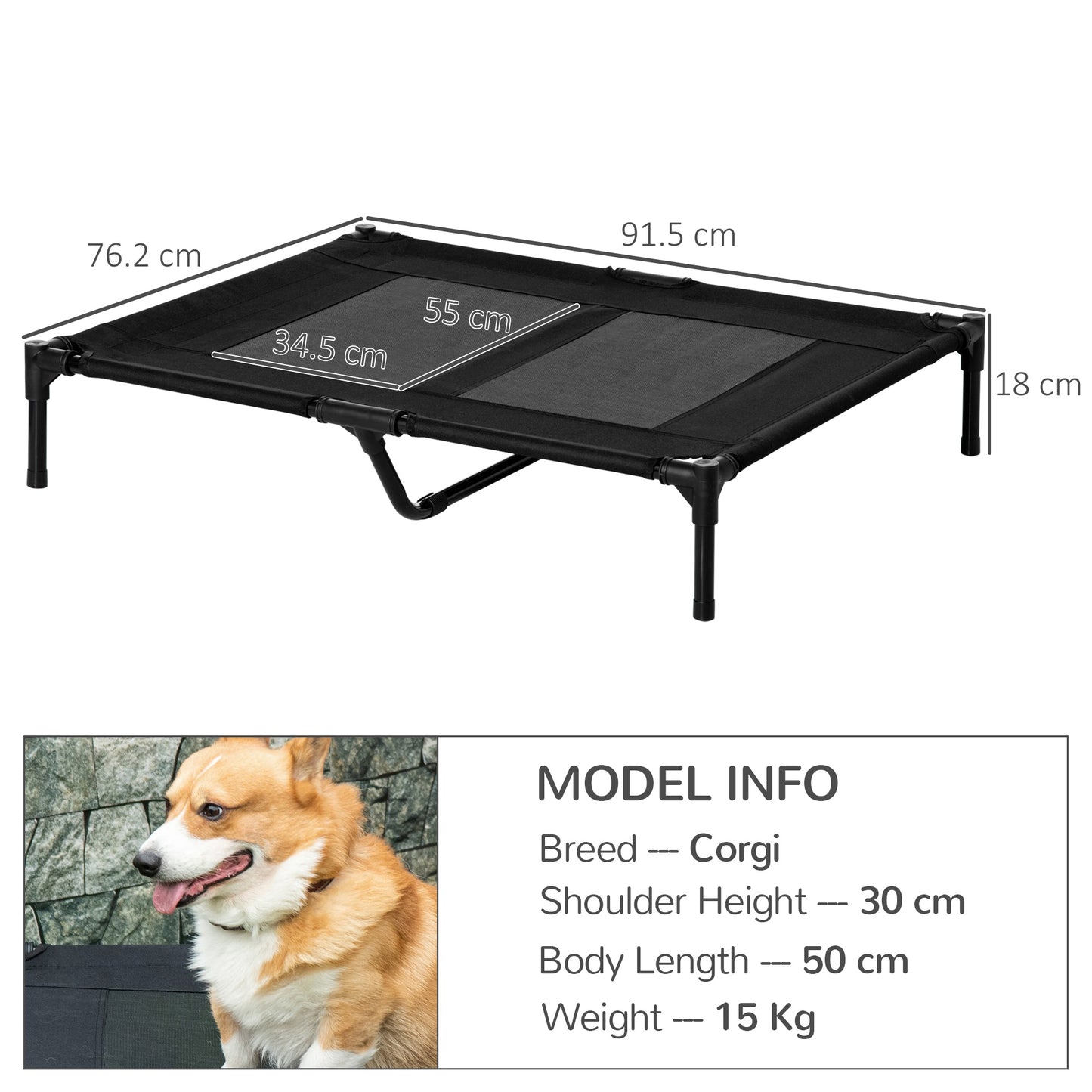 PawHut Large Elevated Dog Bed Cat Elevated Lifted Cooling Portable Camping Basket Outdoor Indoor Mesh Pet Cot Metal Frame, Black