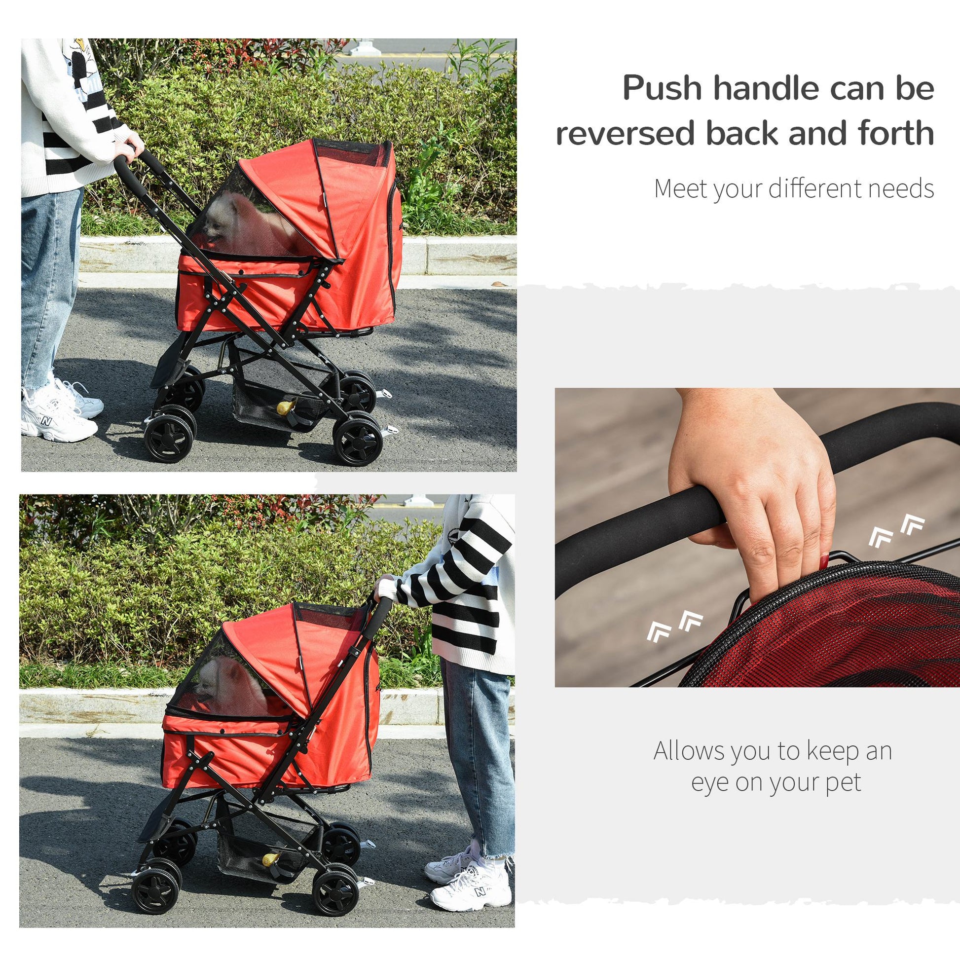 PawHut Pet Stroller Dog Travel Pushchair Foldable Jogger with Reversible Handle EVA Wheel Brake Basket Adjustable Canopy Safety Leash Red