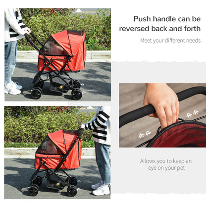 PawHut Pet Stroller Dog Travel Pushchair Foldable Jogger with Reversible Handle EVA Wheel Brake Basket Adjustable Canopy Safety Leash Red