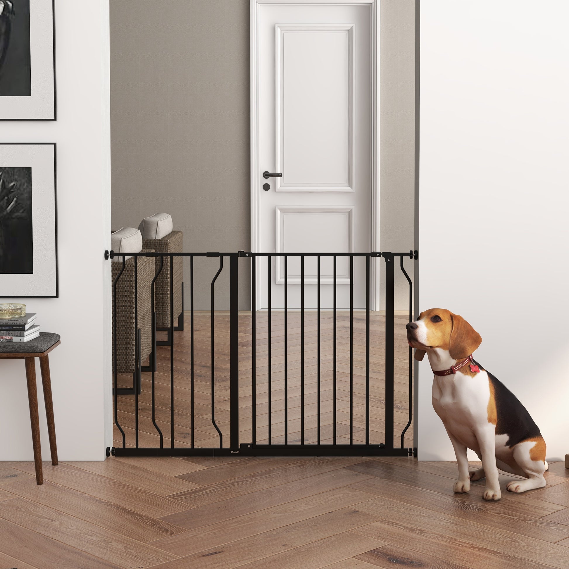 PawHut Expandable Dog Gate with Door pressure,75-115cm Doorway Pet Barrier Fence for Hallways, Staircases, Black