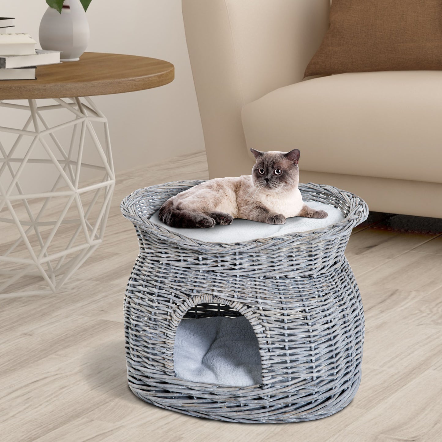 PawHut 2-Tier Wicker Cat House Elevated Pet Bed Basket Willow Kitten Tower Pet Den. with Washable Cushions 56x37x40cm Grey