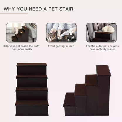 PawHut 4 Step Cushioned Pet Stairs Ramp Steps for Dogs, Cat Ladder for Bed Couch with Non-Slip Carpet, 40 x 59 x 54.2 cm, Dark Coffee