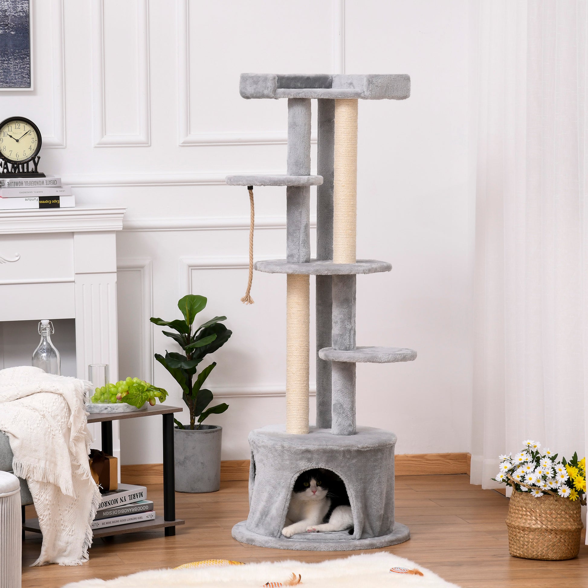 PawHut Cat Tree Kitten Tower Multi-level Activity Centre Pet Furniture with Scratching Post Condo Hanging Ropes Plush Perches Grey