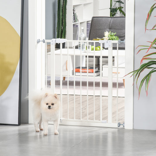 PawHut Pet Metal Safety Gate Pressure Fitted Stair Barrier for Dog Expandable Fence with Auto-Close Door Double Locking System 74cm to 84 cm White