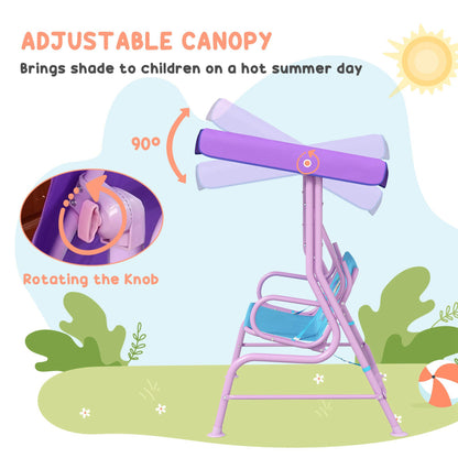 outsunny-2-seater-kids-garden-swing-fairy-themed-kids-swing-chair-with-adjustable-canopy-safety-belts-for-park-porch-poolside