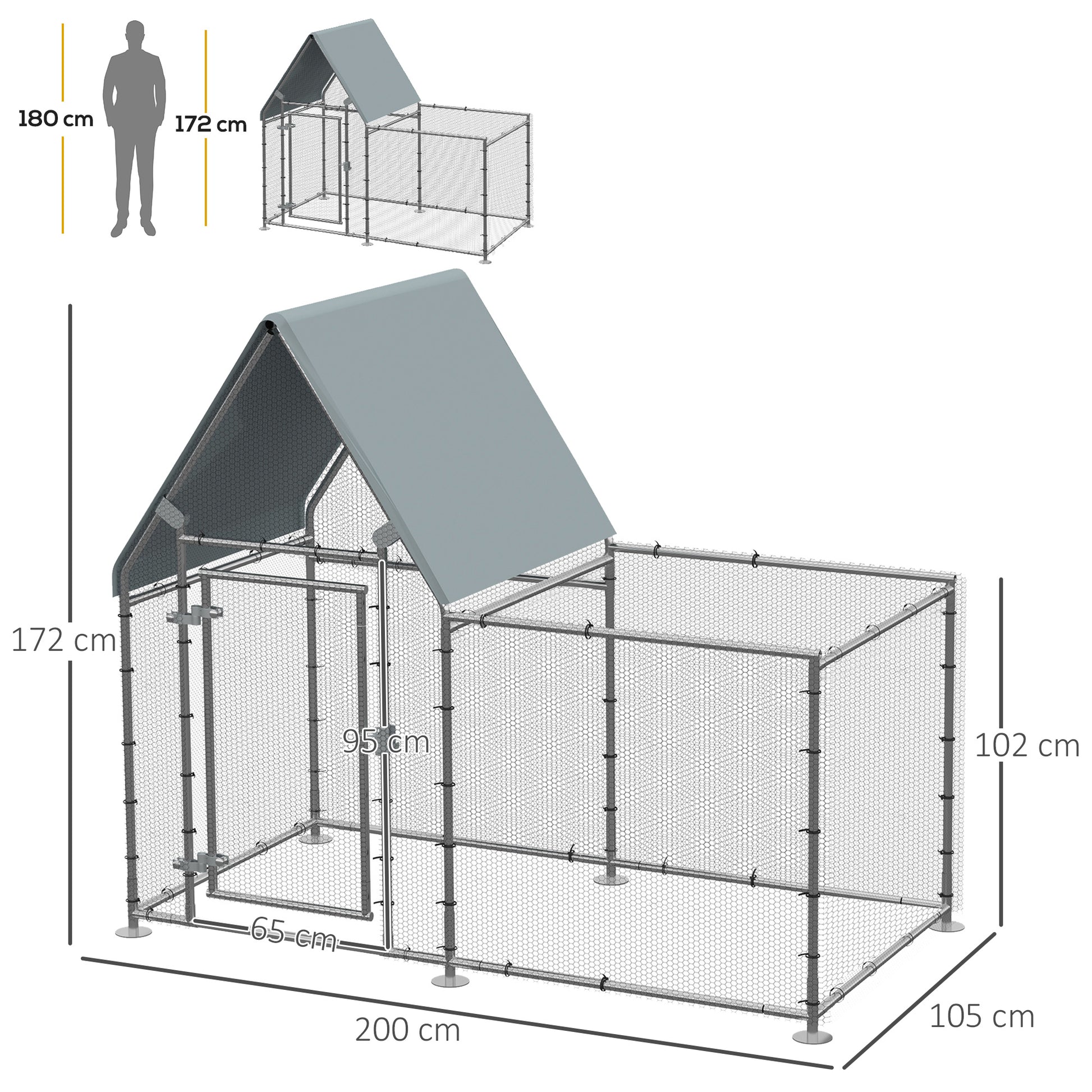 PawHut Chicken Run Coop, Large Galvanized Walk In Chicken House, Hen Poultry House Cage, Rabbit Hutch Metal Enclosure Outdoor, 200 x 105 x 172cm