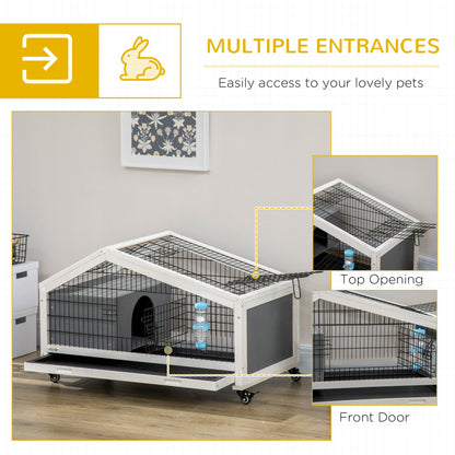 PawHut Rabbit Hutch with Water Bottle, Guinea Pig Cage with Wheels, Bunny Run with Plastic Slide-out Tray, Small Animal House for Indoor, Dark Grey