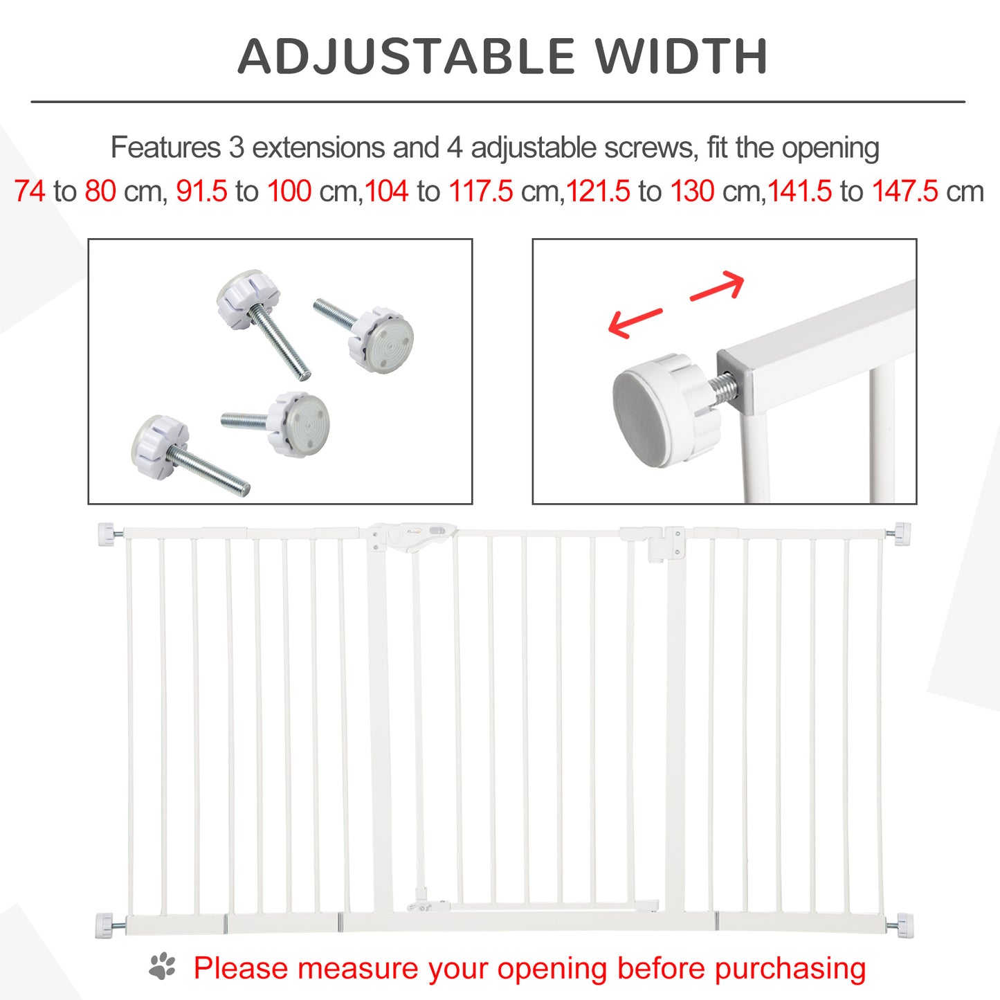 PawHut Dog Gate Stair Gate Pressure Fit Pets Barrier Auto Close for Doorway Hallway, 74-148cm Wide Adjustable, White