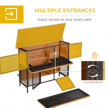 PawHut 2-Floor Wooden Rabbit Hutch Bunny Cage Metal Frame Pet House with Slide-Out Tray Feeding Trough Ramp Lockable Door Openable Roof