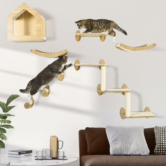 PawHut 8PCs Cat Shelves Set, Cat Wall Furniture with Condo, 3 Perches, 3 Scratching Posts, Steps, Wall Mounted Cat Tree for Indoor Cats, Beige