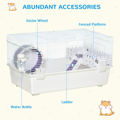 PawHut Two-Tier Hamster Cage Gerbil Haven Multi-Storey Rodent House Small Animal Habitat with Water Bottle, Excise Wheel, Ladder, White