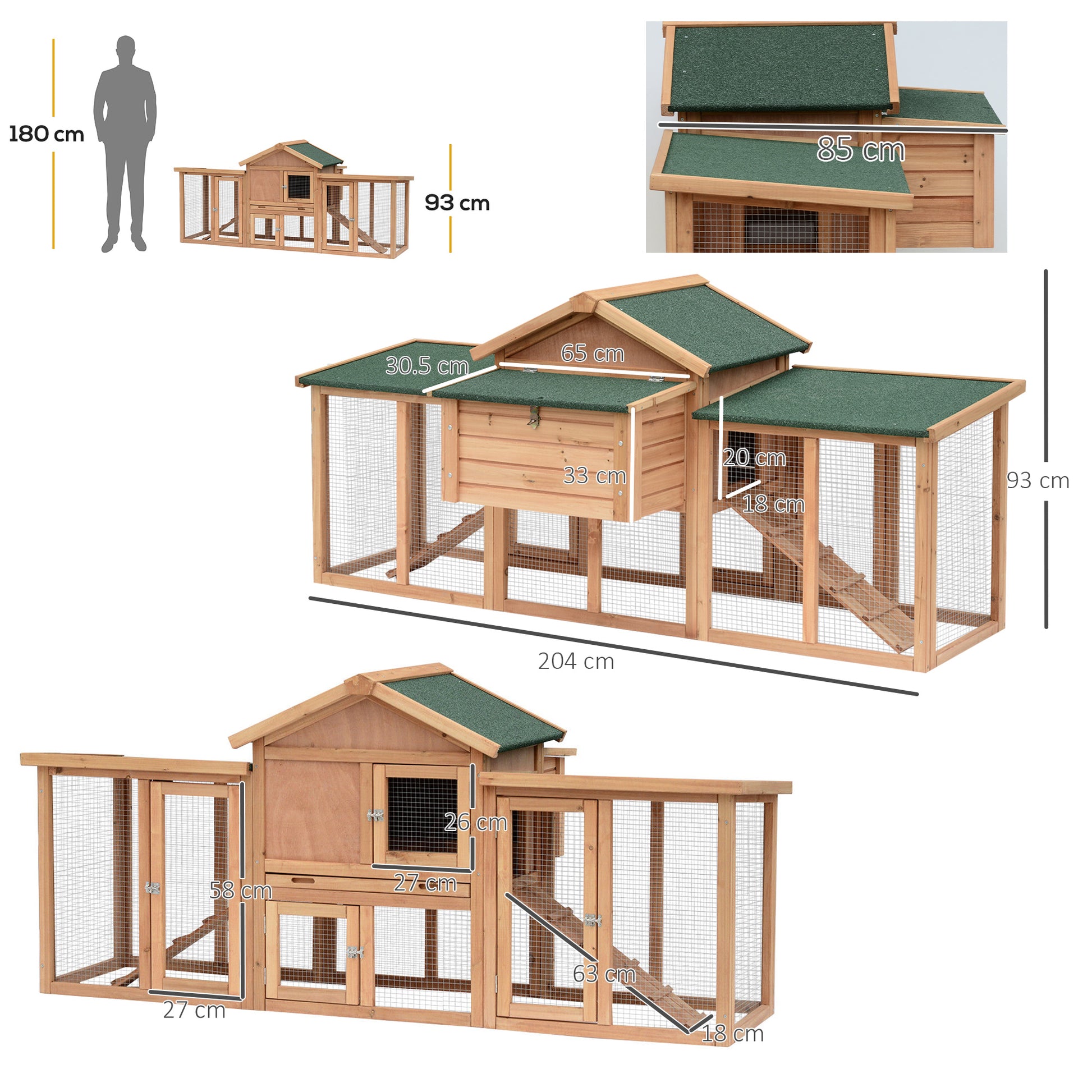 PawHut Wooden Chicken Coop Backyard Hen Cage House Poultry with Comfortable Nesting Box & Fun Outdoor Run 204 x 85 x 93cm