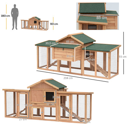 PawHut Wooden Chicken Coop Backyard Hen Cage House Poultry with Comfortable Nesting Box & Fun Outdoor Run 204 x 85 x 93cm