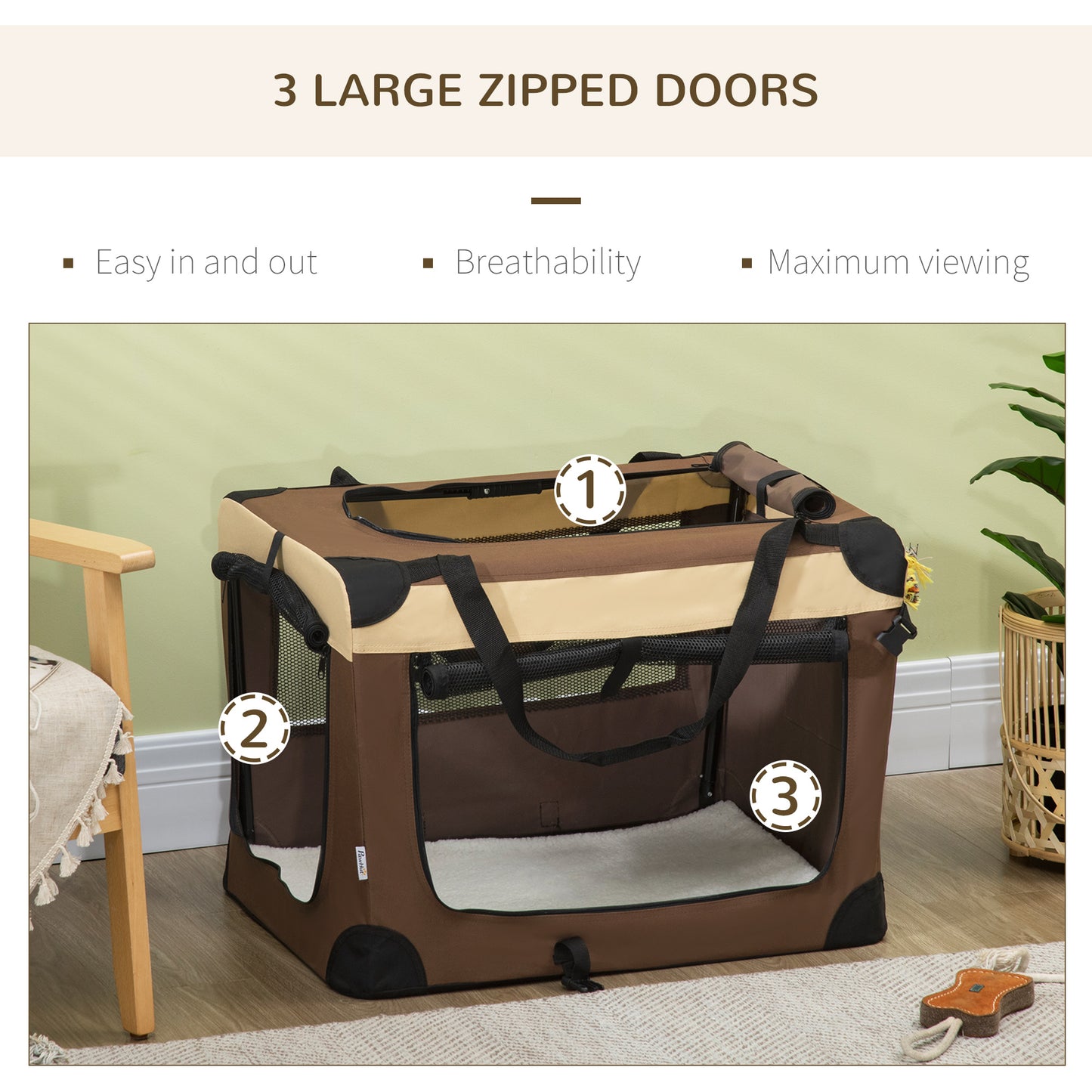 PawHut Pet Carrier, Foldable Cat Carrier Dog Bag with Cushion, for Small Dogs and Cats, 50 x 70 x 51 cm, Brown