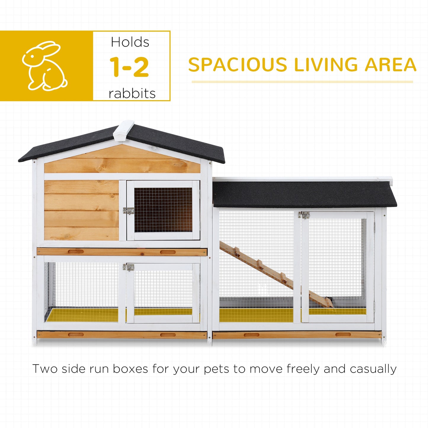 PawHut 2-Tier Rabbit Hutch Wooden Guinea Pig House Pet Cage Outdoor w/ Sliding-out Tray Ramp, 157.4x53x93.5cm, Yellow