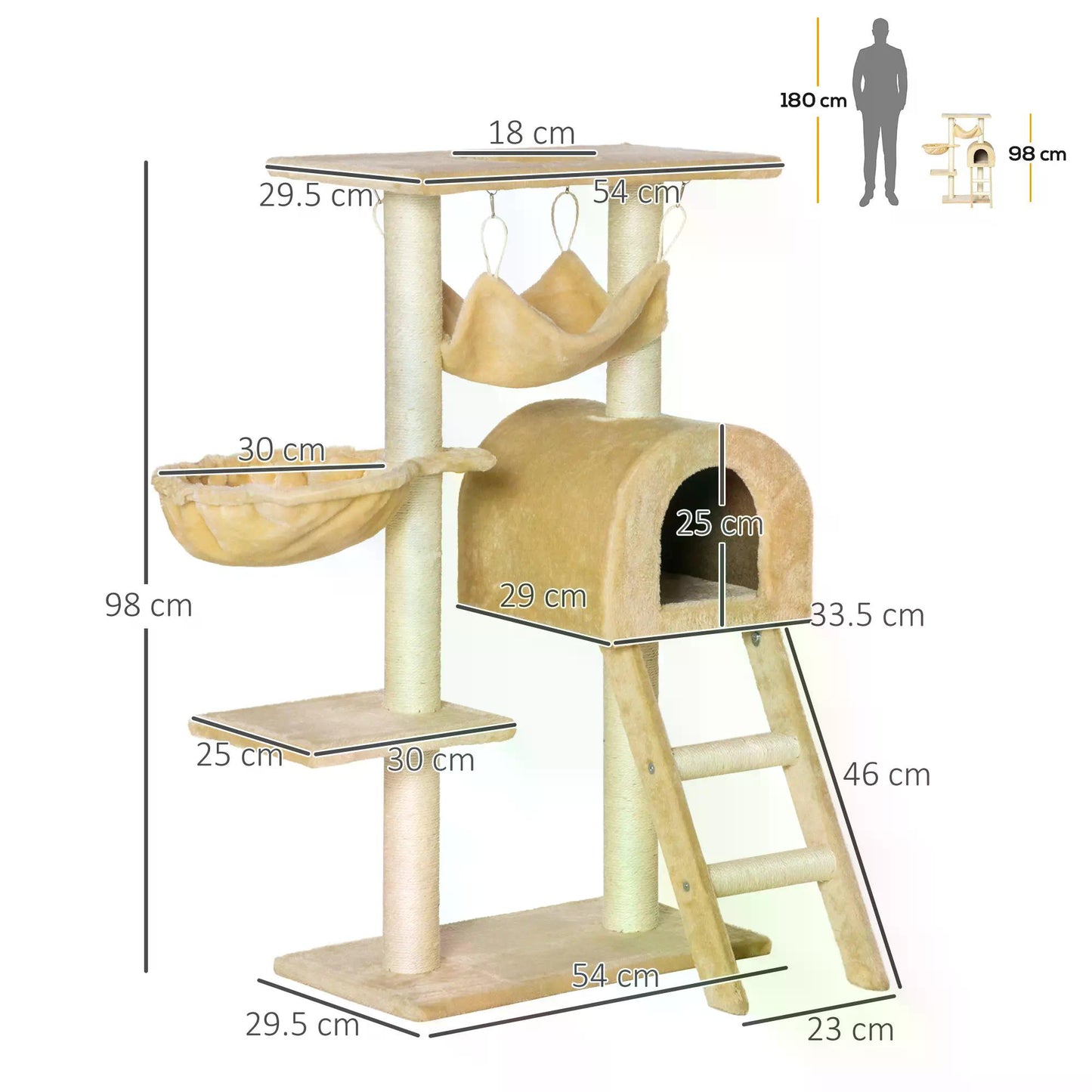 PawHut Cat Tree Tower Kitten Activity Centre Scratching Post w/ Hammock Condo Bed Basket Ladder 98 cm, Beige