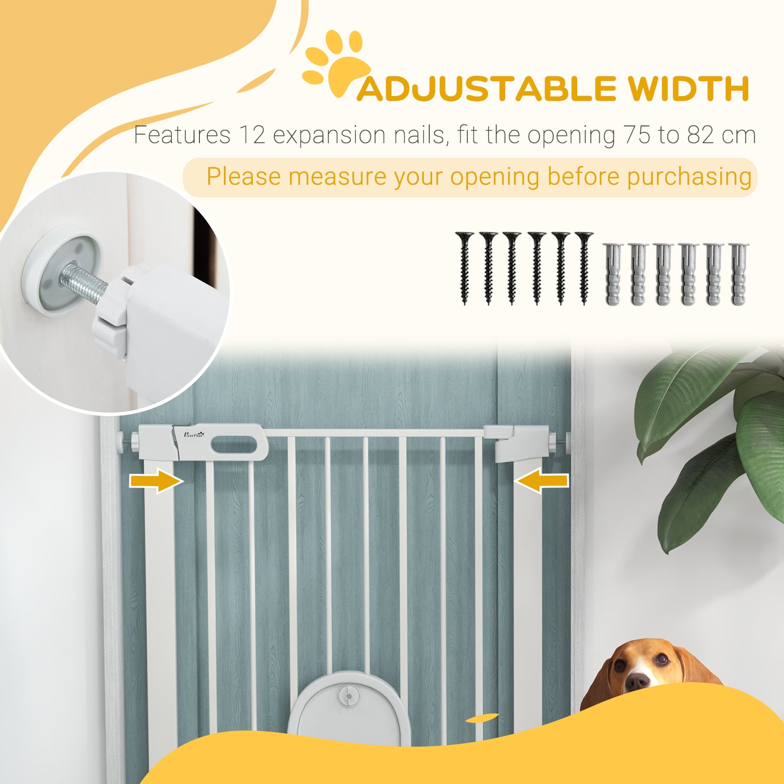 PawHut 75-82cm Pet Safety Gate with Double Locking, Pressure Fit Stair with Cat Flat for Doorways, Hallways, White