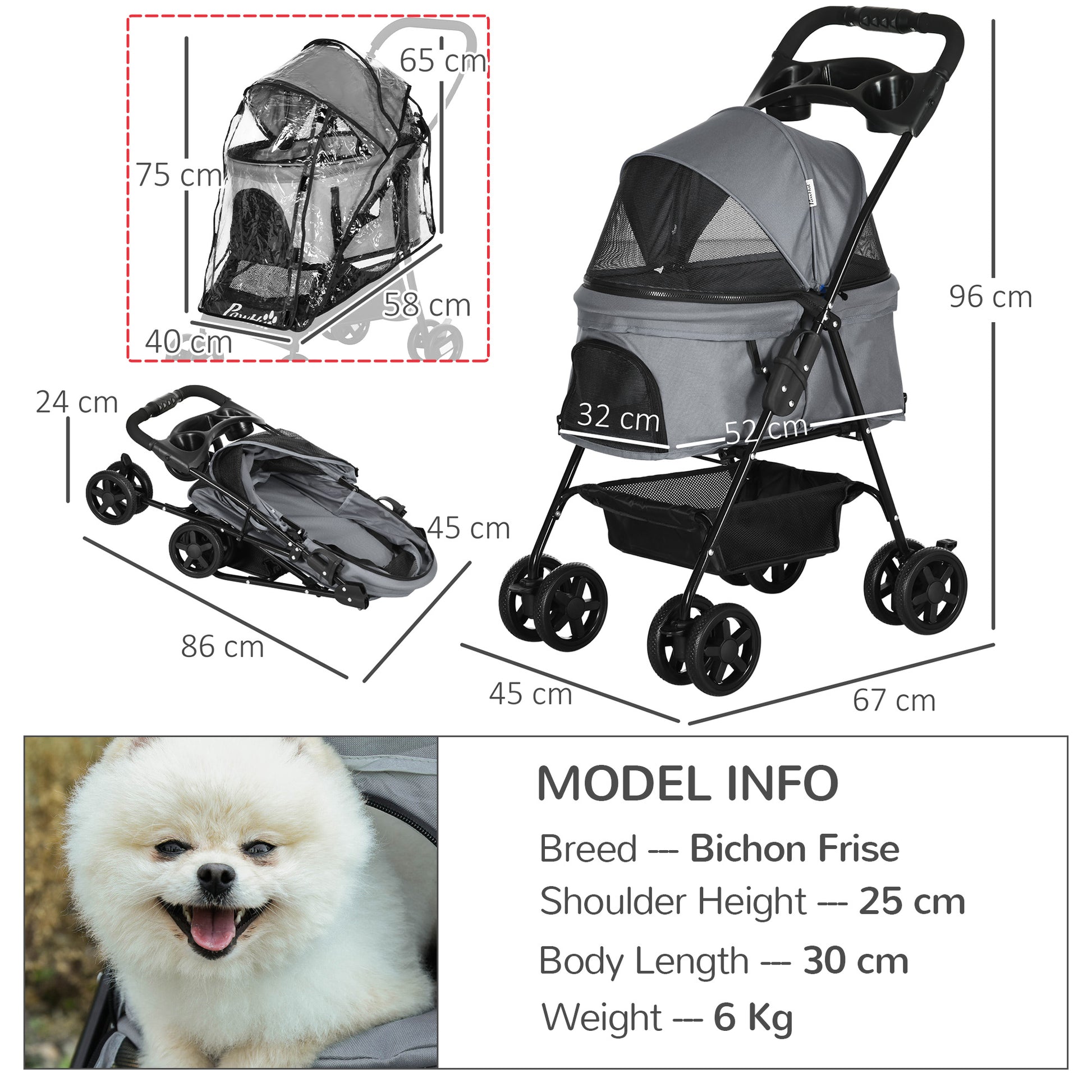 PawHut Dog Stroller w/ Rain Cover, Dog Pushchair One-Click Fold Trolley Jogger w/ Wheels, Basket, Adjustable Canopy, Safety Leash for Small Dogs, Grey