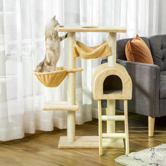 PawHut Cat Tree Tower Kitten Activity Centre Scratching Post w/ Hammock Condo Bed Basket Ladder 98 cm, Beige