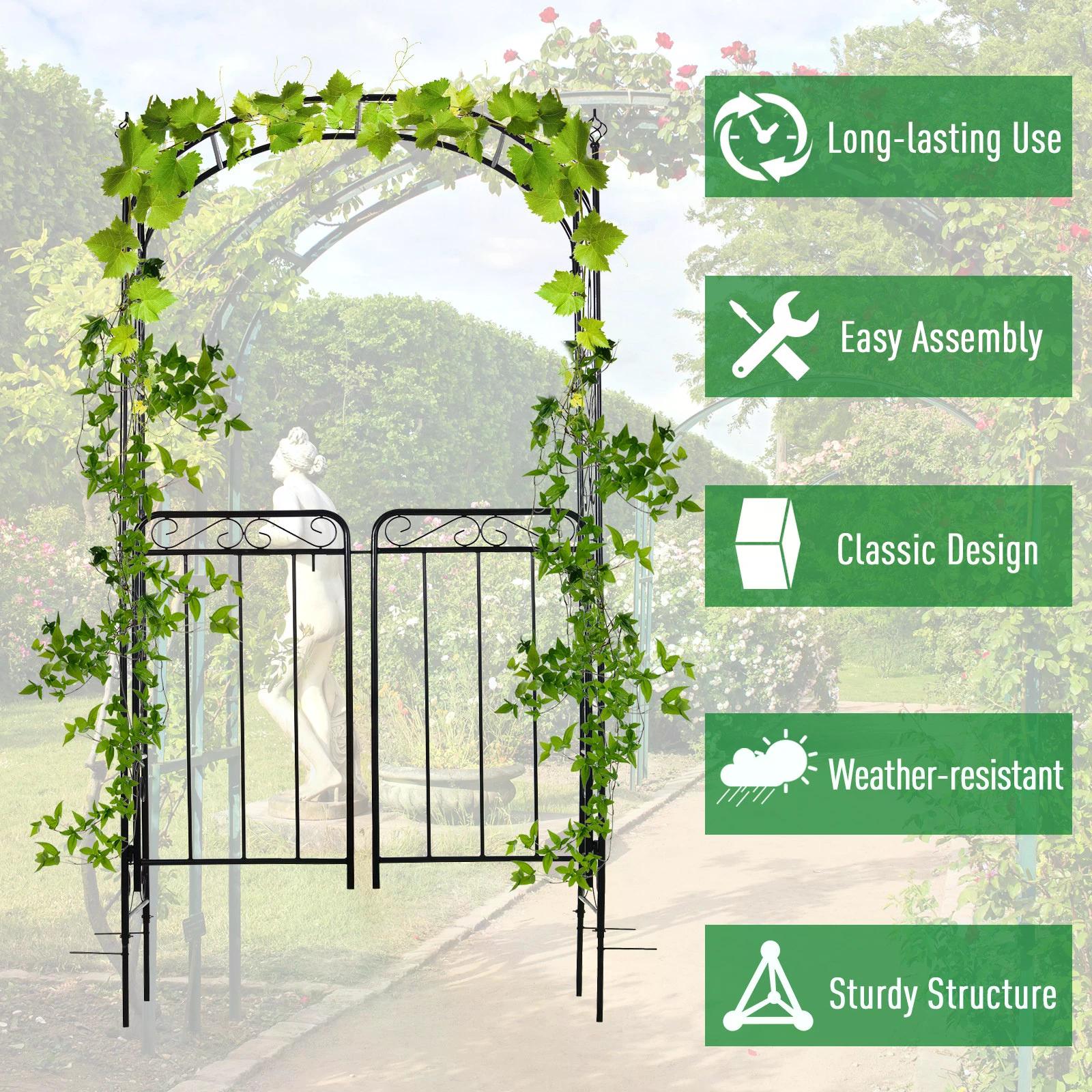 outsunny-garden-decorative-metal-arch-with-gate-outdoor-patio-trellis-arbor-for-climbing-plant-archway-antique-black-108l-x-45w-x-215hcm