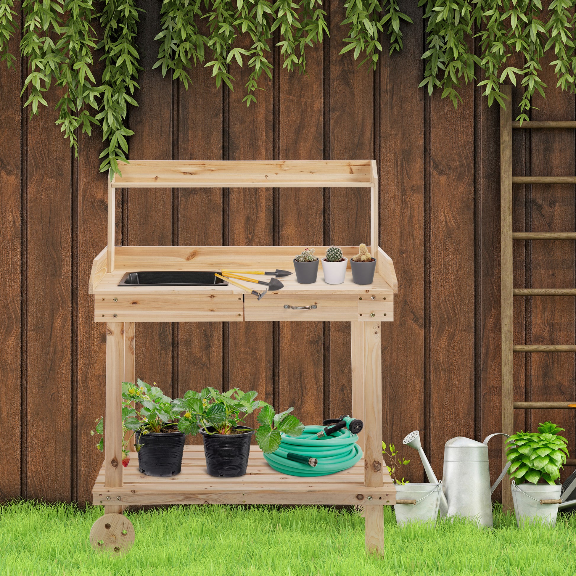 outsunny-garden-potting-bench-table-wooden-work-station-outdoor-planting-workbench-with-2-wheels-sink-drawer-large-storage-spaces-92x45x119cm