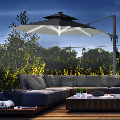 outsunny-3m-cantilever-parasol-w-solar-lights-power-bank-cross-base-adjustable-canopy-360-spin-outdoor-garden-umbrella-2-tier-roof-sun-shade-grey