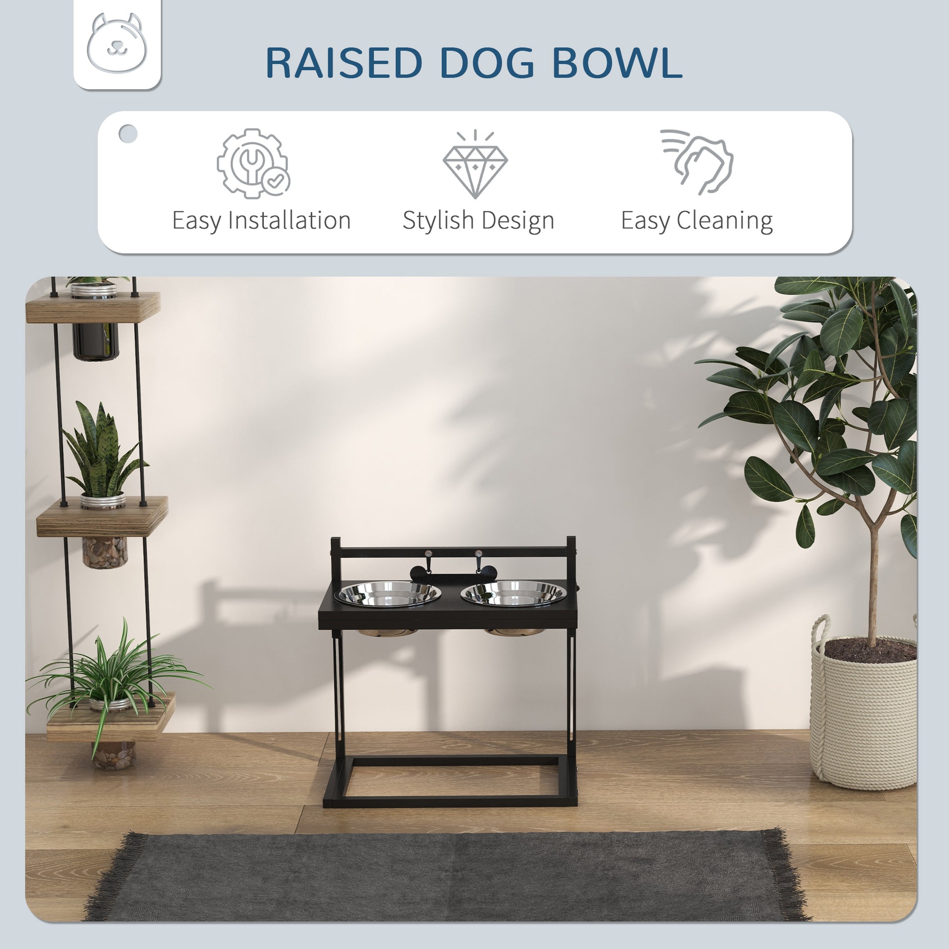 PawHut Dog Bowls with Stand, Adjustable Height Elevated Dog Bowls for Small Medium Large Dogs - Black