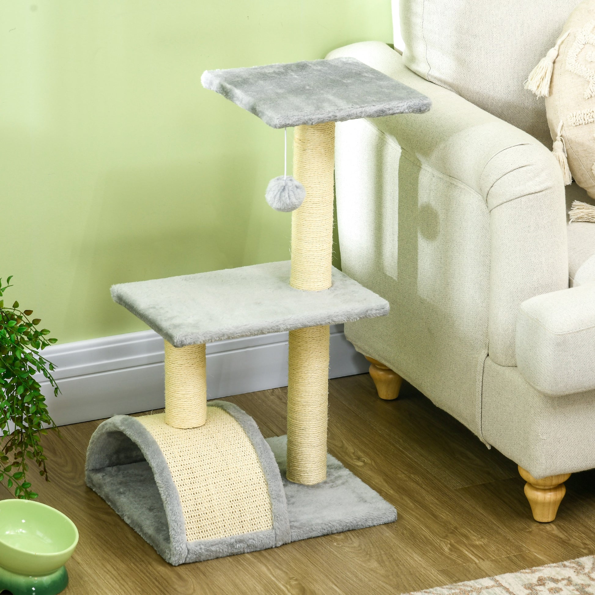 PawHut 72cm Cat Tree Tower for Indoor Cats, Multi-level Climbing Activity Centre with Sisal Scratching Post, Pad, Hanging Ball, Toy, Light Grey