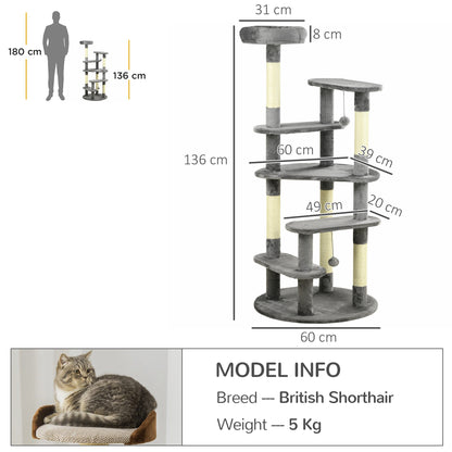 PawHut 136cm Cat Tree for Indoor Cats, Modern Cat Tower with Scratching Posts, Bed, Toy Ball - Grey