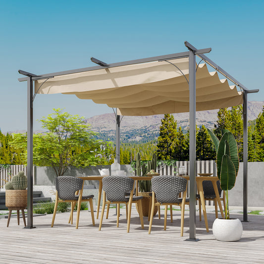 outsunny-3-x-3m-metal-pergola-gazebo-awning-retractable-canopy-outdoor-garden-sun-shade-shelter-marquee-party-bbq-beige