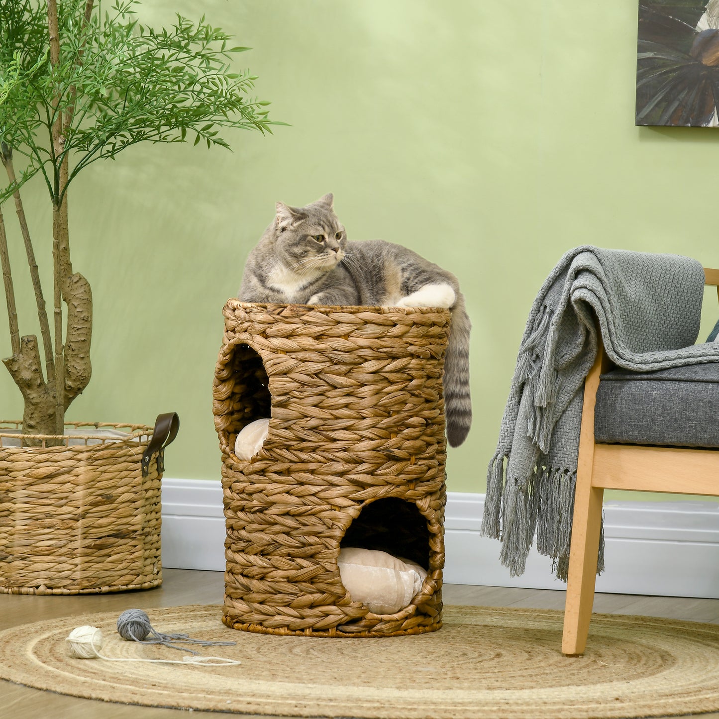 PawHut 47cm Cat Barrel Tree for Indoor Cats with 2 Cat Houses, Kitten Tower with Cushion - Light Brown