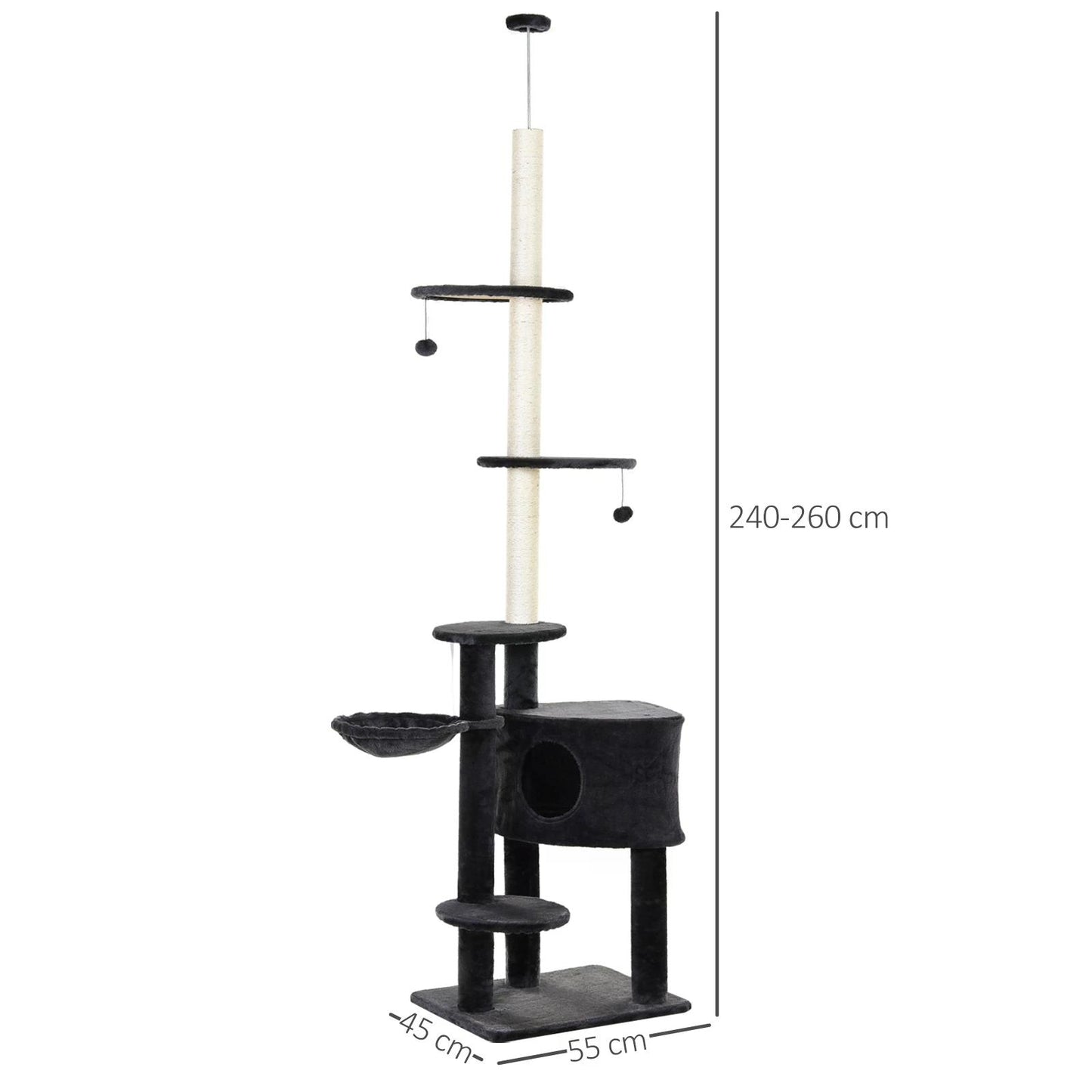 PawHut Adjustable Height Floor-To-Ceiling Vertical Cat Tree with Carpeted Platforms, Condo, Sisal Rope Scratching Areas