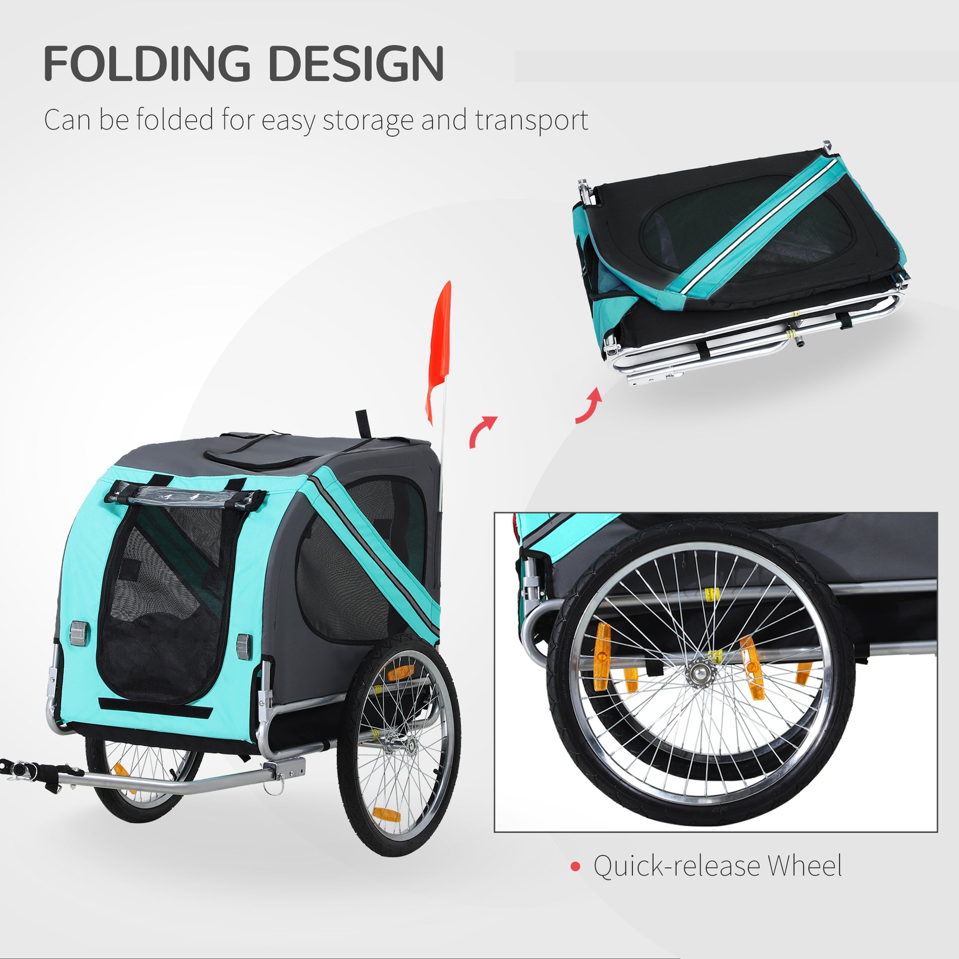 Pawhut Dog Bike Trailer Folding Pet Trailer Dog Carrier Bicycle Steel Frame Jogger Stroller with Suspension - Green & Grey