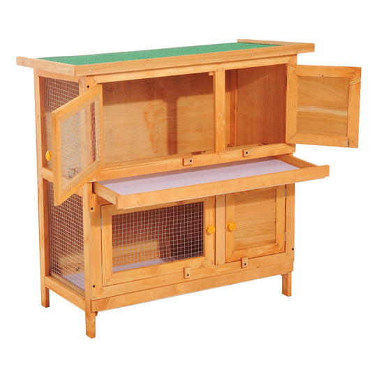 Pawhut 90cm 2 Tiers Rabbit Hutch Wooden Pet Cage W/ Run Bunny House