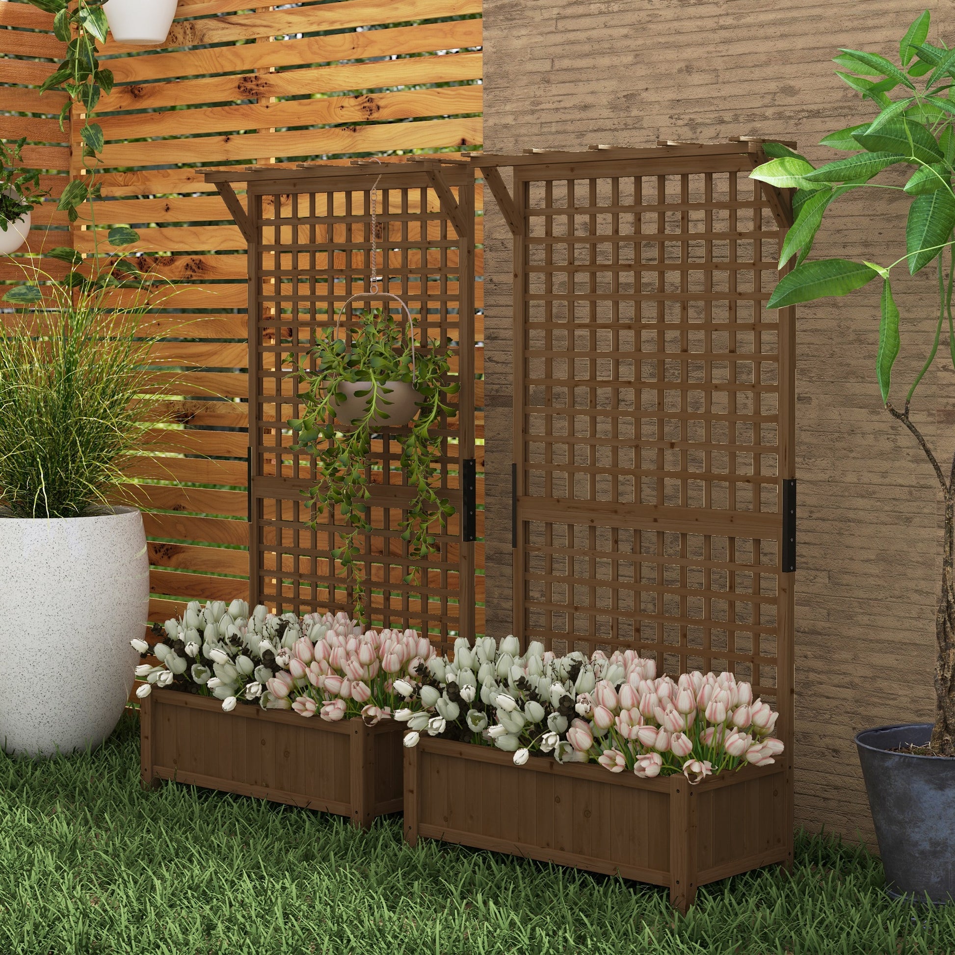 outsunny-2-pcs-raised-bed-with-drainage-holes-wood-planter-with-trellis-for-climbing-plants-to-grow-vegetables-flowers-brown