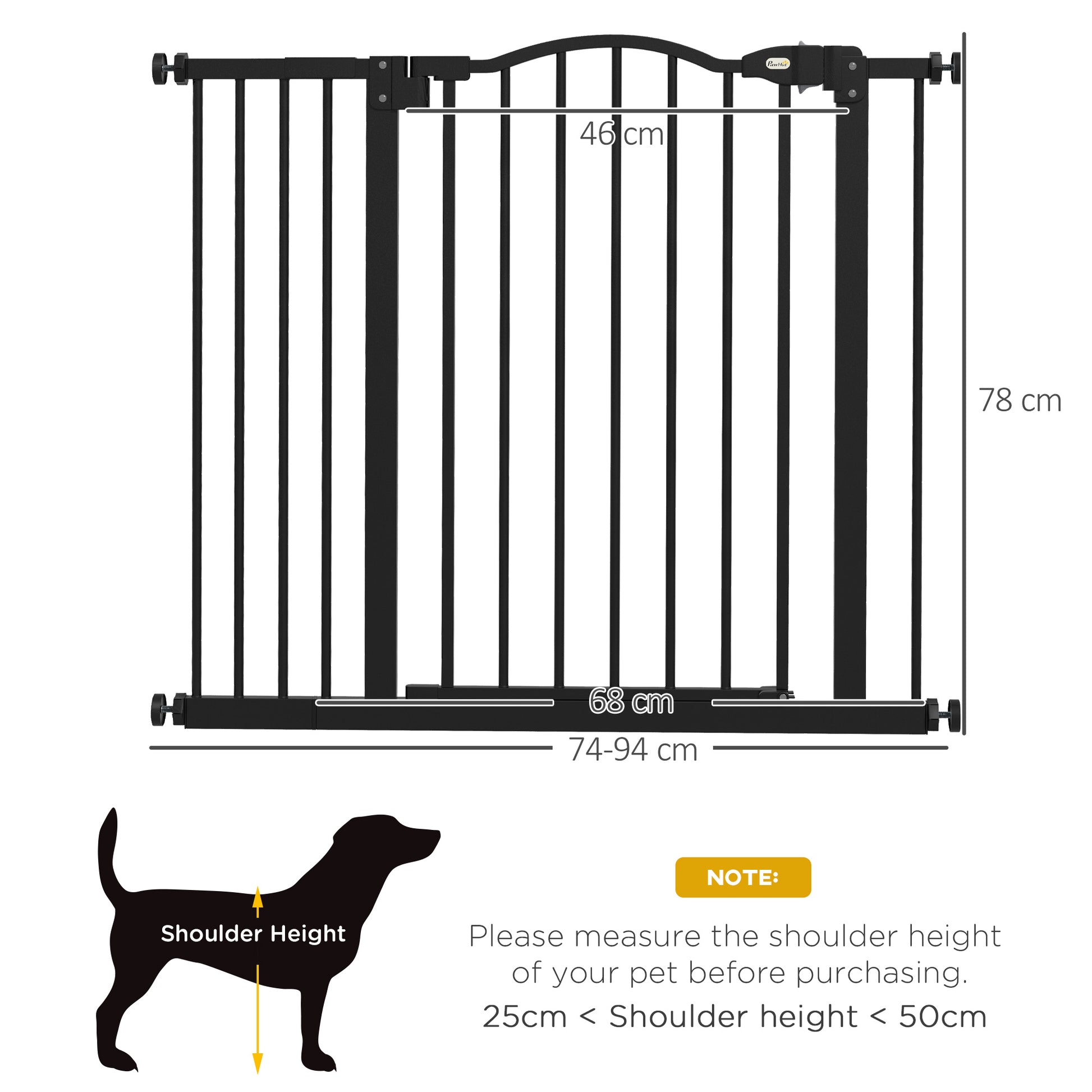 PawHut Metal 74-94cm Adjustable Pet Gate Safety Barrier w/ Auto-Close Door Black