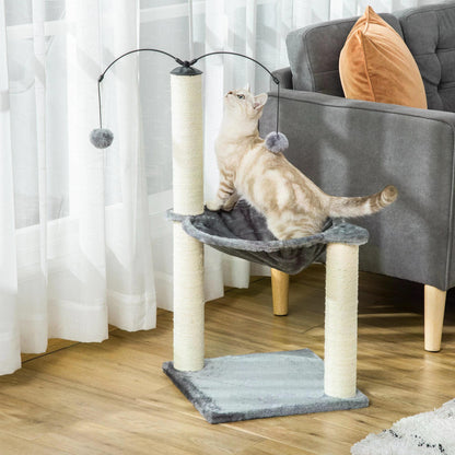 PawHut 83cm Cat Tree Tower with Sisal Scratching Post Hammock Interactive Ball Toy Kitten Play House Activity Center Furniture Grey