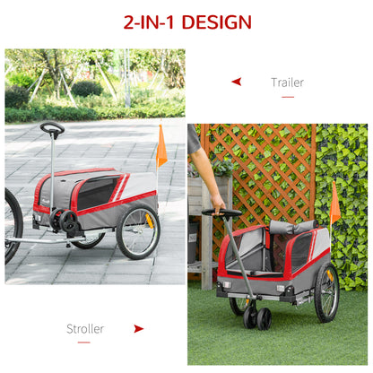 PawHut Dog Bike Trailer Two-In-One Trolley Stroller Cart Bicycle Carrier for Cat Puppy Travel w/ Reflectors Red Flag ‚ Red