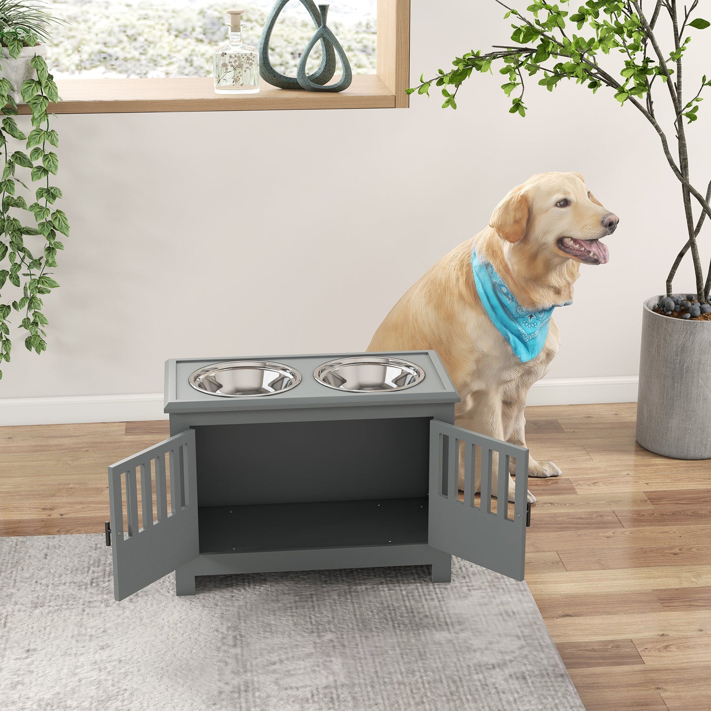 PawHut Raised Dog Bowls for Large Dogs, Pet Feeding Station, Doors with Latch, Storage Cabinet, Two Stainless Steel Bowls, Grey