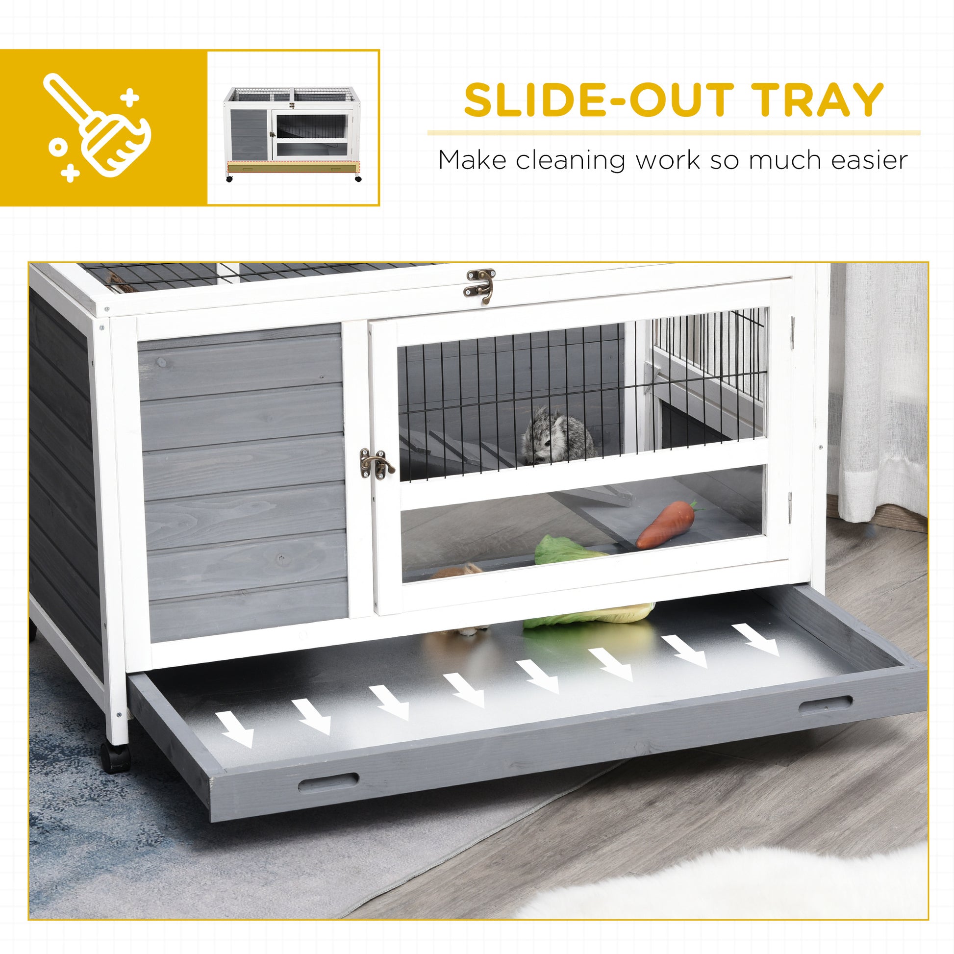 PawHut Wooden Rabbit Hutch Elevated Pet Bunny House Rabbit Cage with Slide-Out Tray Indoor Grey