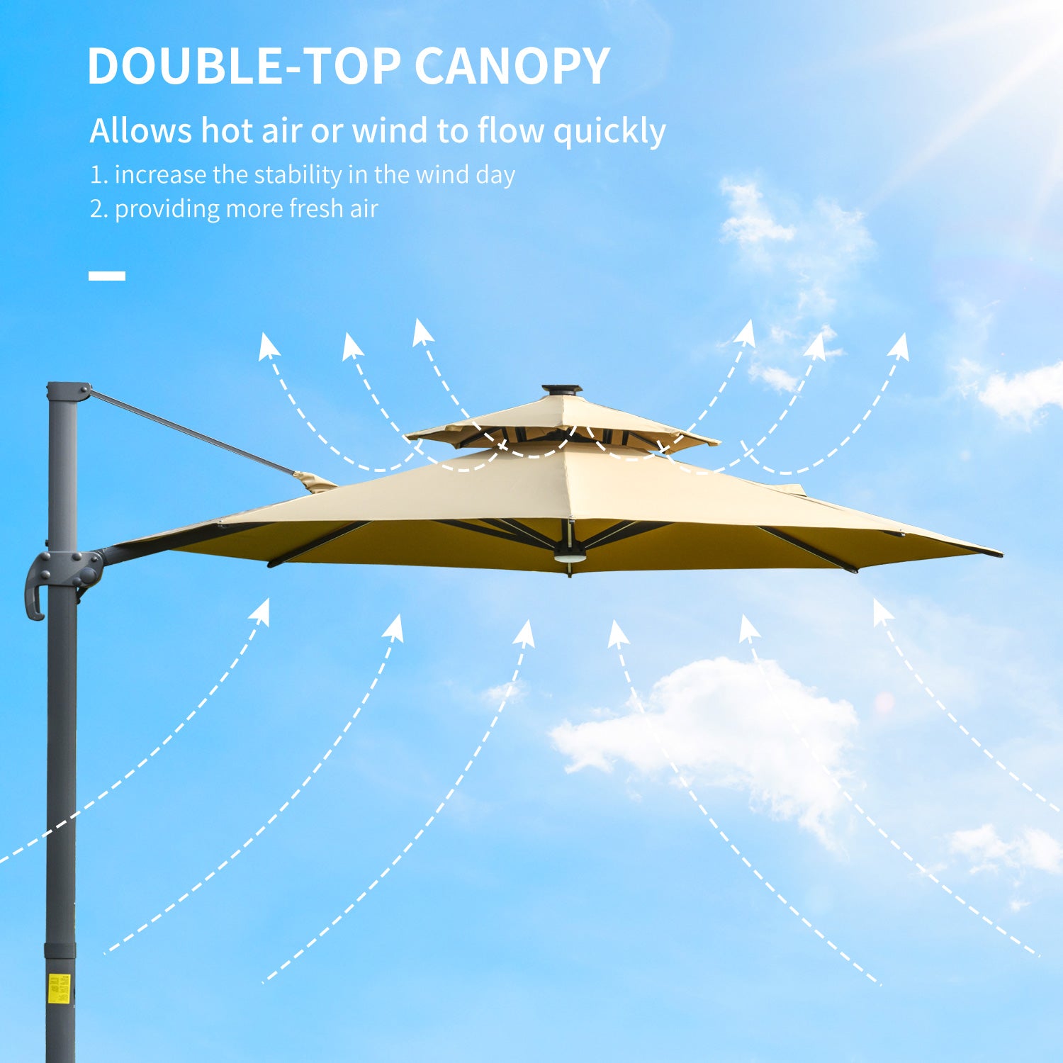 outsunny-3m-cantilever-parasol-w-solar-lights-power-bank-cross-base-adjustable-canopy-360-spin-outdoor-garden-umbrella-2-tier-roof-sun-shade-khaki