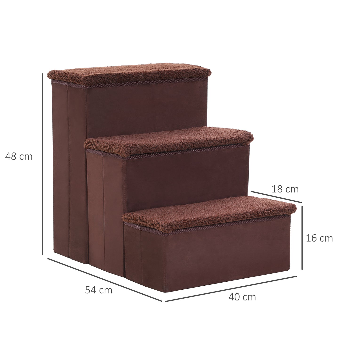 PawHut 3 Step Pet Stairs Foldable Portable Mobility Assistance w/ Washable Fleece Cover 41x19cm Brown