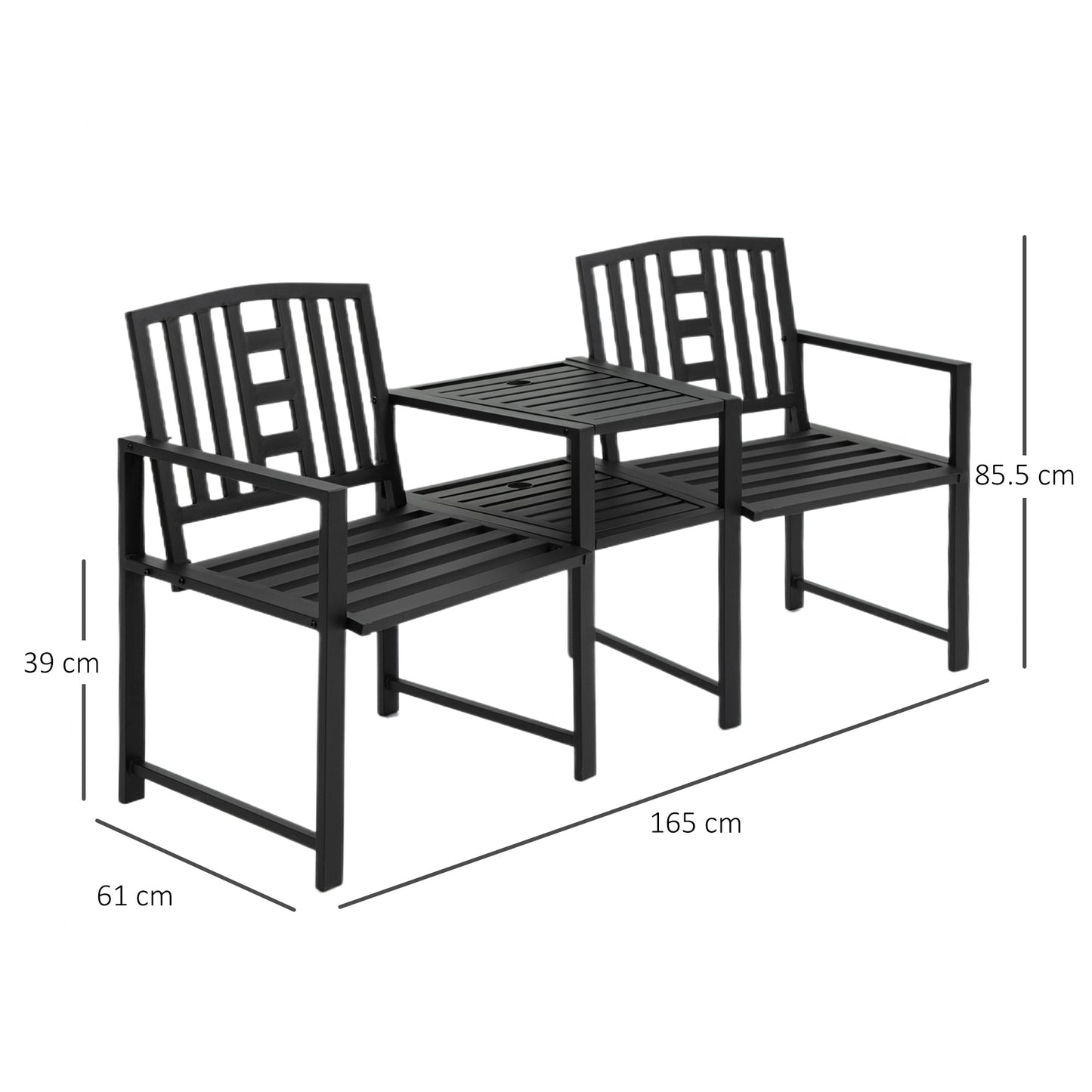 outsunny-patio-tete-a-tete-chair-2-seat-bench-middle-coffee-table-w-umbrella-hole-for-outdoors-decorative-slatted-design-steel-frame-black