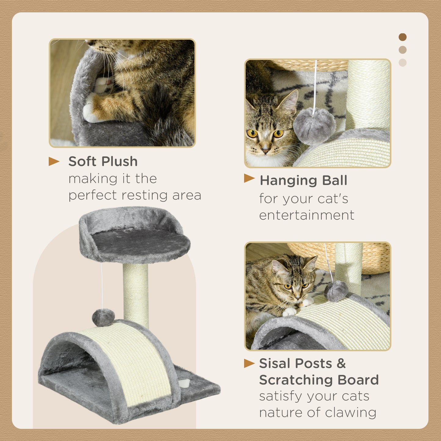 PawHut Cat Scratching Post, Cat Tree Scratching Kitten Activity Centre Climber Hanging Ball, Scratch Post for Indoor Cats, Grey