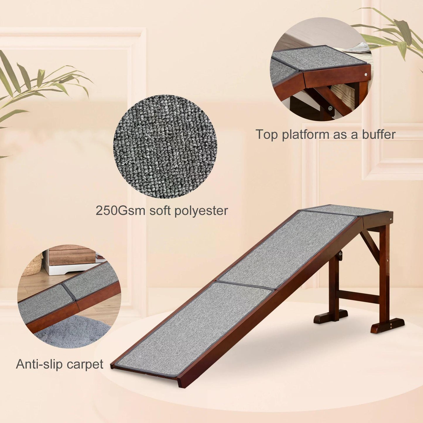 PawHut Pet Ramp for Dogs Non-slip Carpet Top Platform Pine Wood 188 x 40.5 x 63.5, Brown, Grey