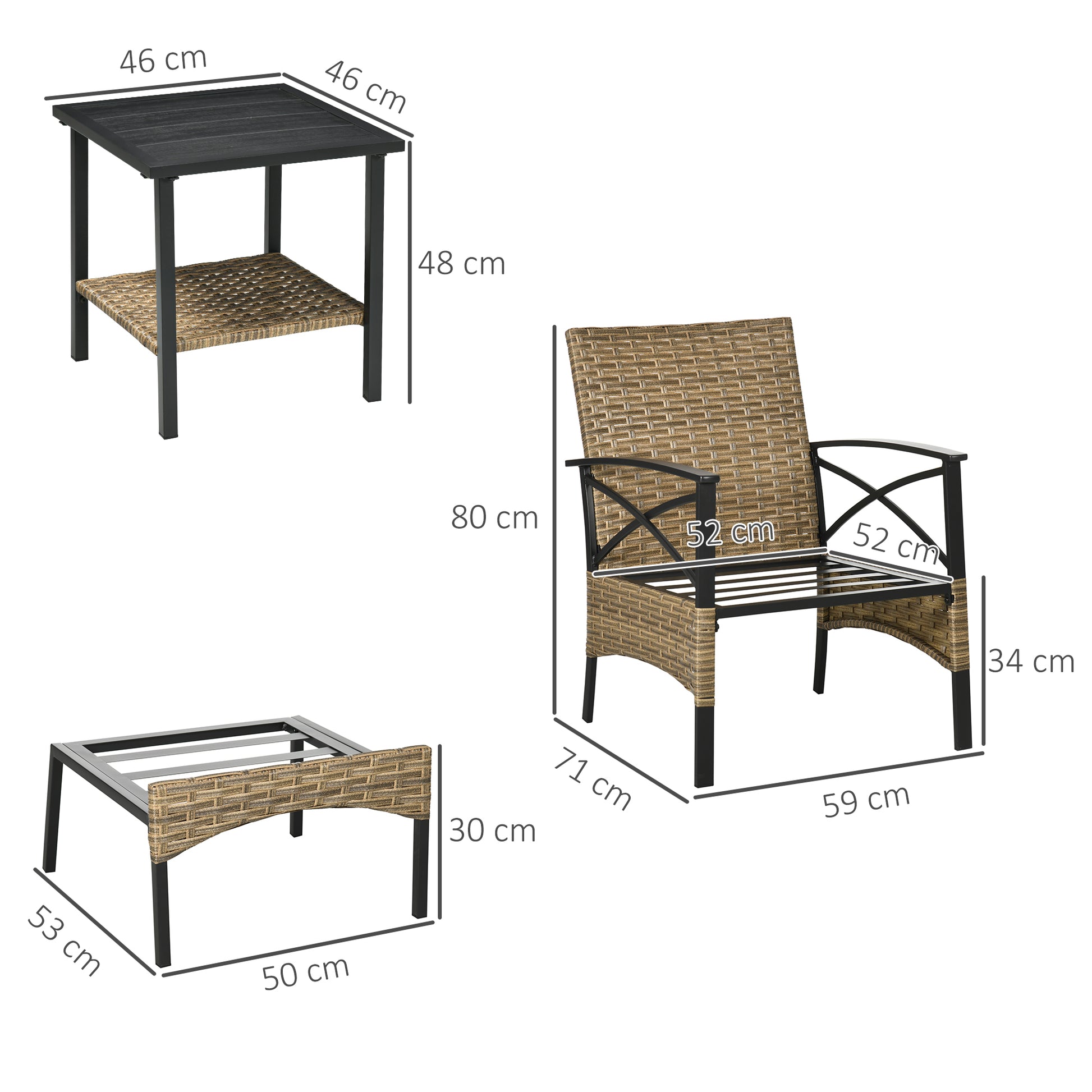 outsunny-5-piece-pe-rattan-garden-furniture-set-2-armchairs-2-stools-steel-tabletop-with-wicker-shelf-padded-outdoor-seating-grey