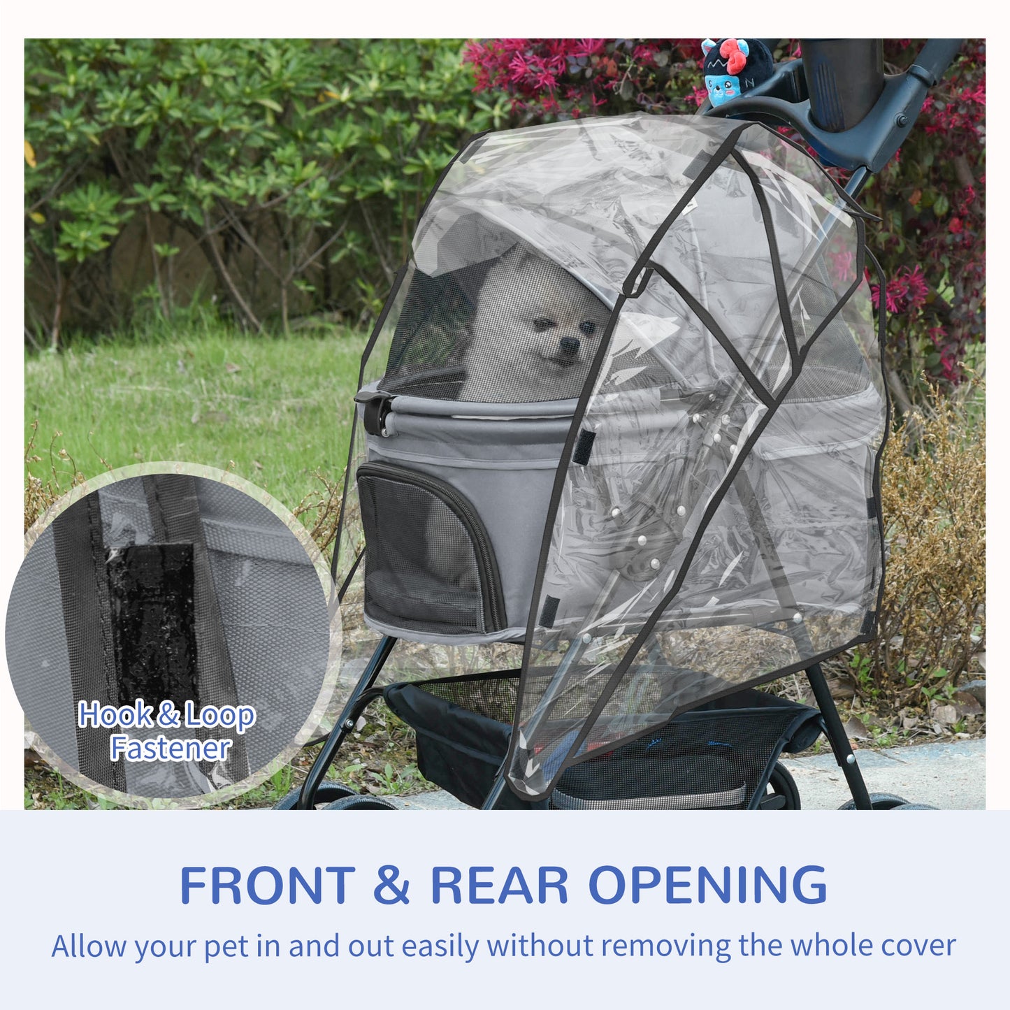 PawHut Dog Stroller w/ Rain Cover, Dog Pushchair One-Click Fold Trolley Jogger w/ Wheels, Basket, Adjustable Canopy, Safety Leash for Small Dogs, Grey