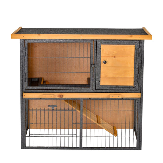 PawHut Wood-metal Guinea Pigs Hutches Elevated Pet House Bunny Cage with Slide-Out Tray Asphalt Openable Roof Lockable Door Outdoor